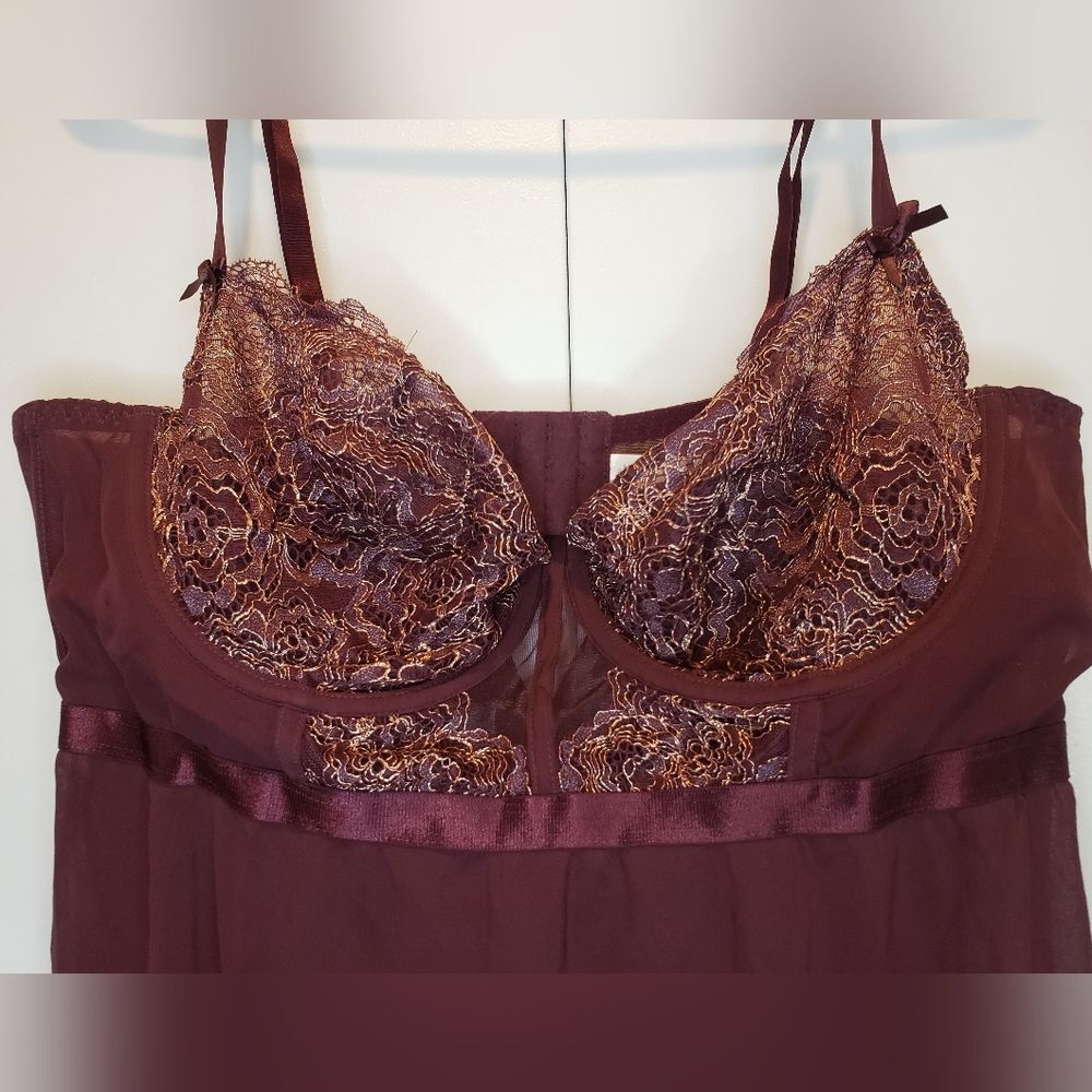 Lane Bryant Cacique Burgundy & Gold Lace Babydoll Lingerie Nightgown 42DD - Picture 2 of 9